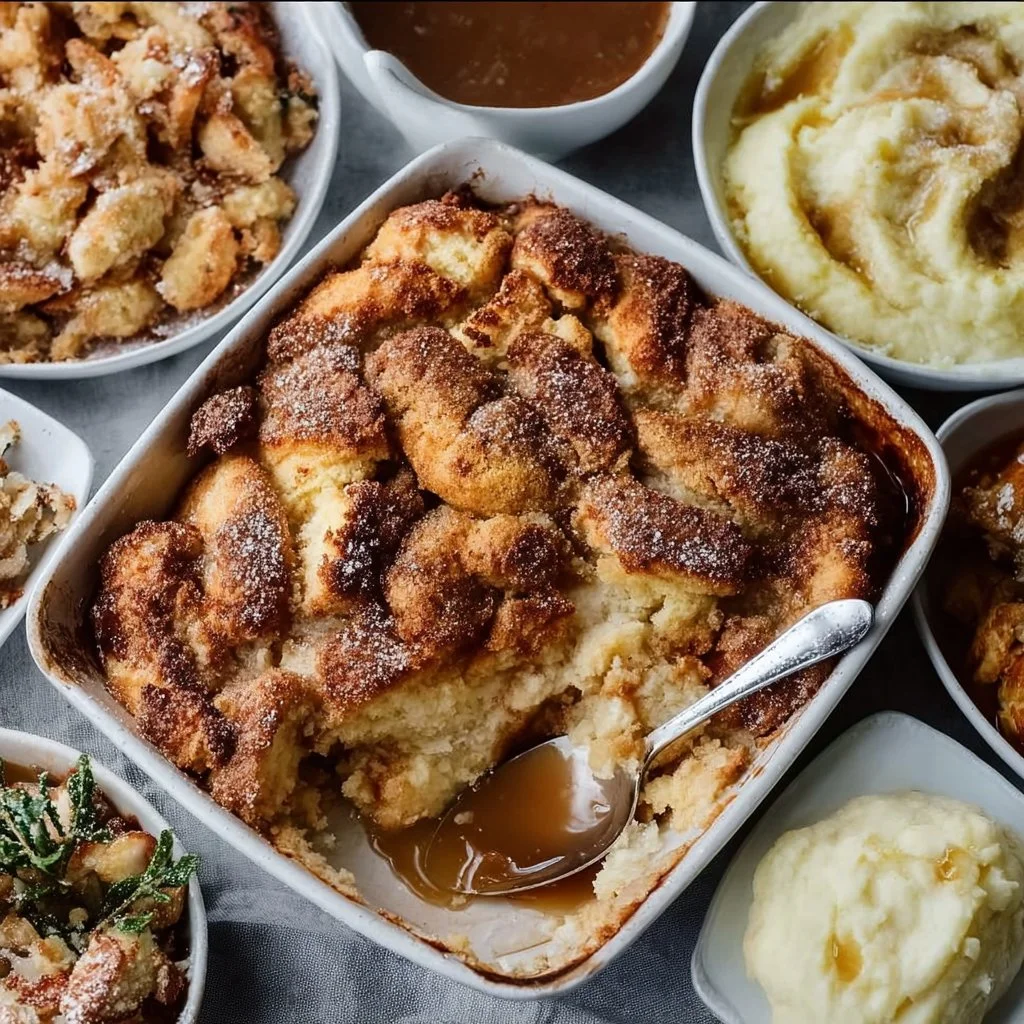 Plate of delicious Friendsgiving recipes including turkey, sides, and desserts