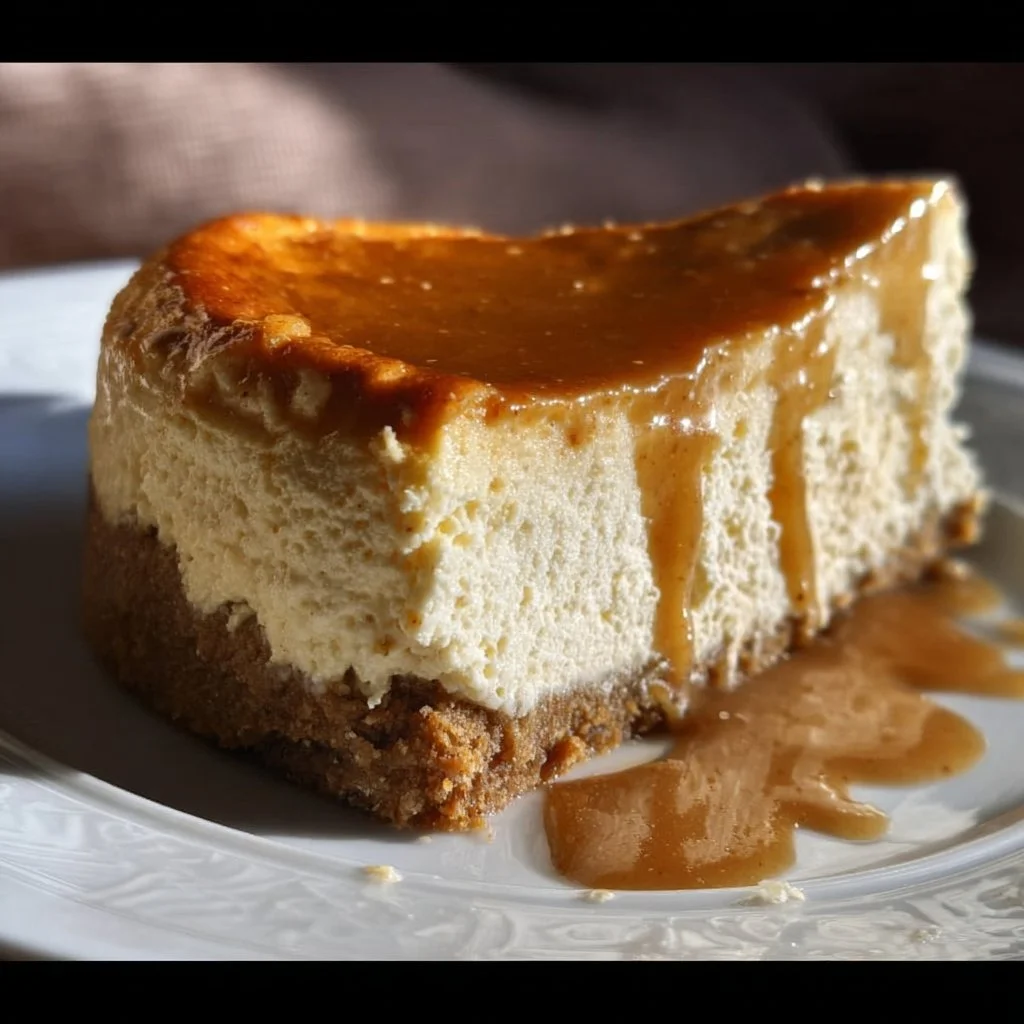 Delicious apple cider cheesecake topped with caramel and cinnamon.