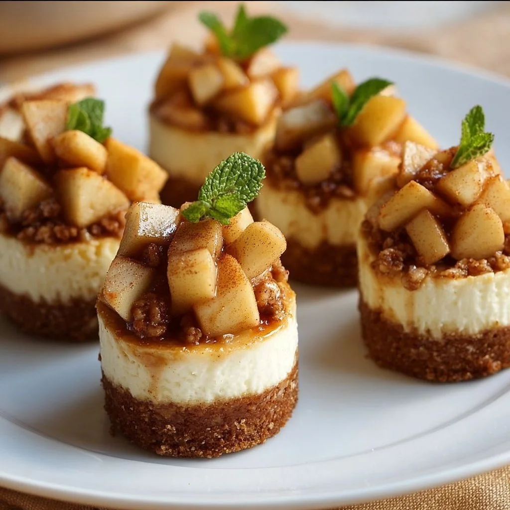 Delicious Apple Crisp Mini Cheesecakes topped with apple and crumb topping