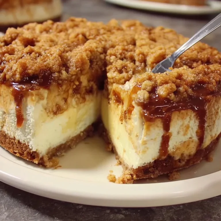 Delicious Apple Crumble Cheesecake with a crunchy topping and creamy filling.