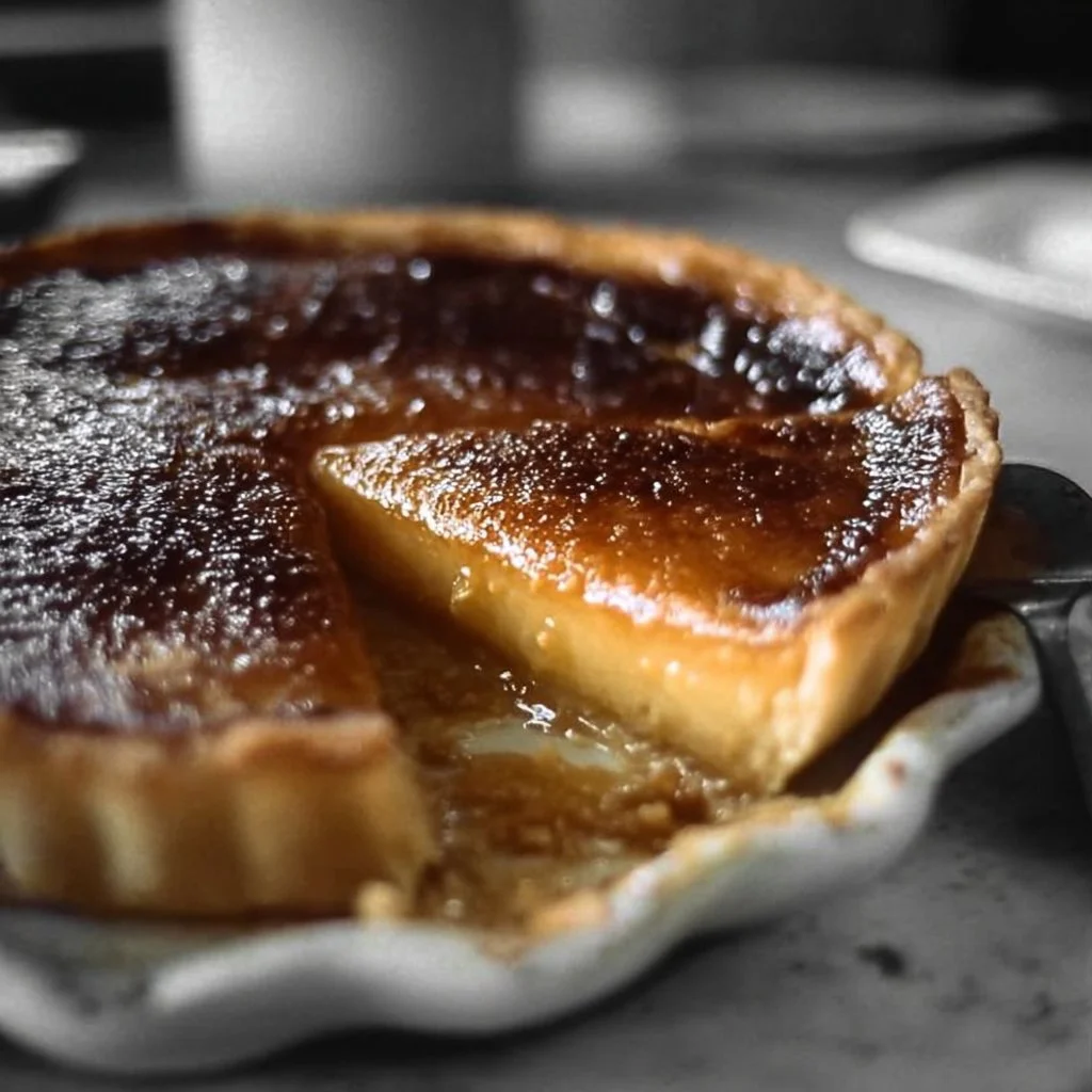 A slice of burnt honey pie showcasing its golden crust and rich filling.