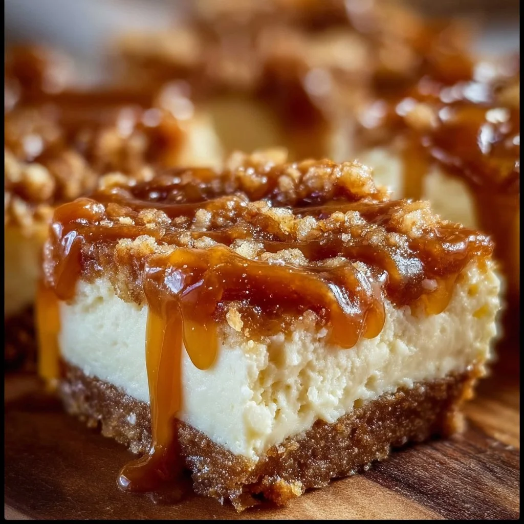 Delicious Caramel Apple Cheesecake Bars topped with caramel sauce and apple slices