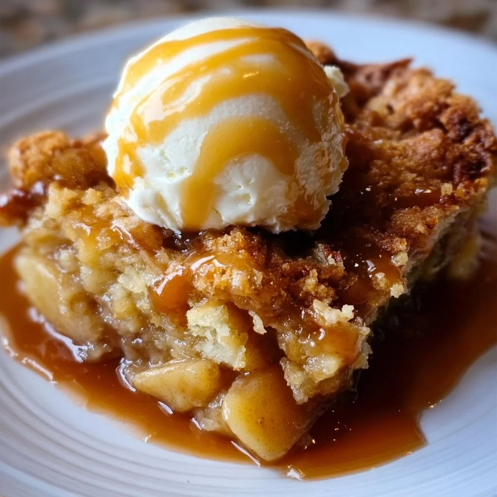 Delicious Caramel Apple Dump Cake served in a dish