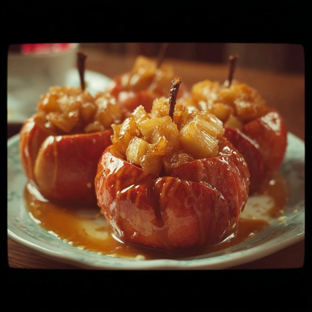 Delicious caramel-stuffed bloomin' apples served as a dessert.