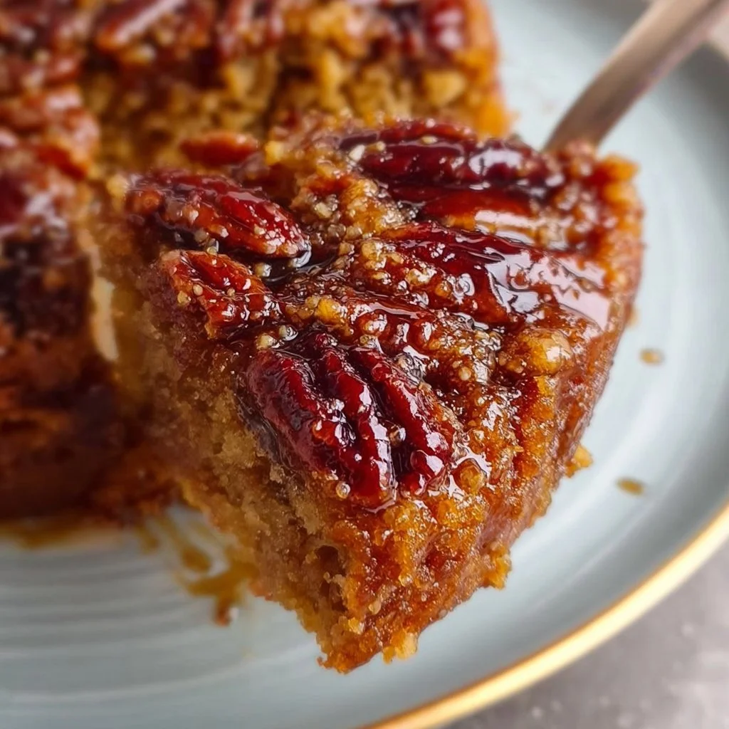 Caramelised Pecan Upside Down Cake with a glossy pecan topping
