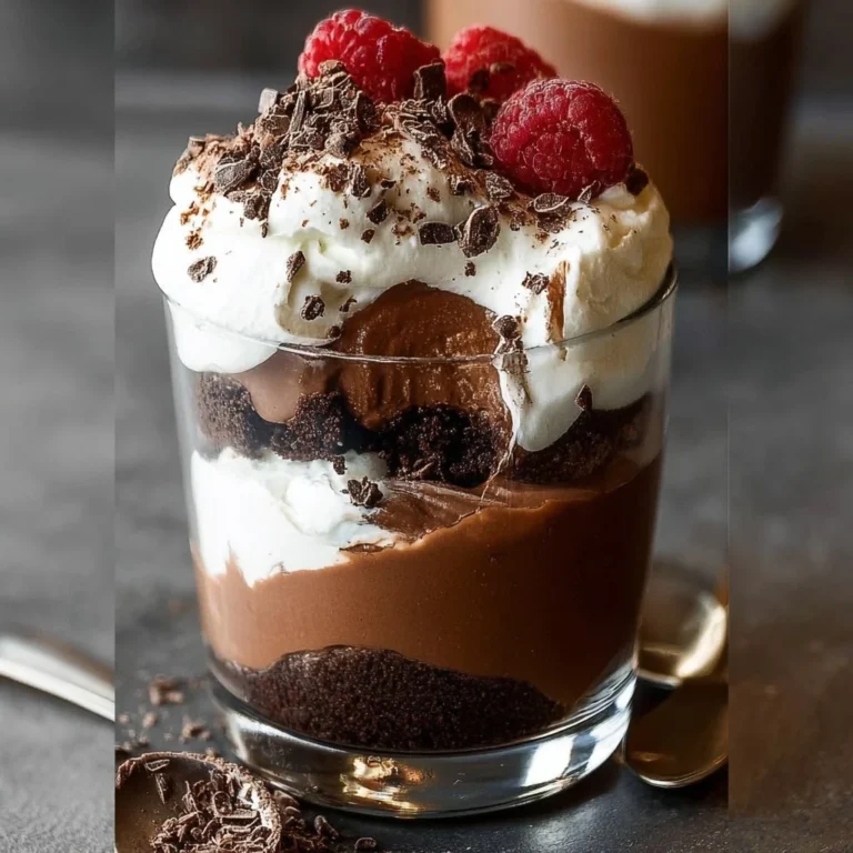 Delicious chocolate parfait layered with chocolate mousse and whipped cream