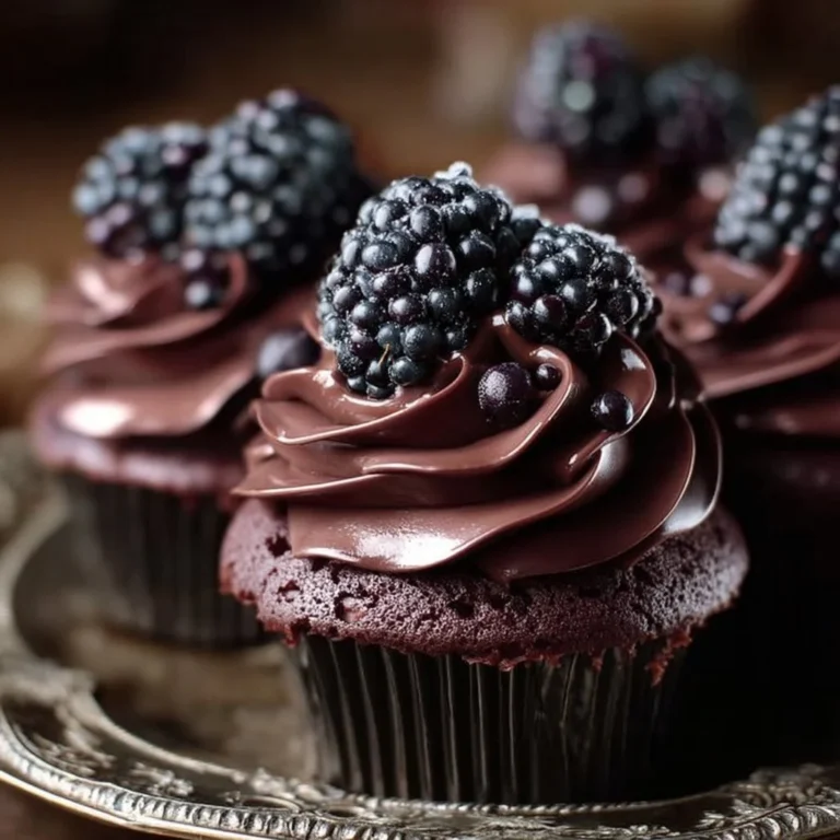 Decadent dark chocolate blackberry cupcakes on a decorative plate