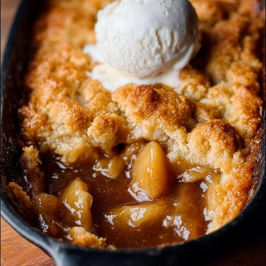 A delicious homemade apple cobbler served with vanilla ice cream