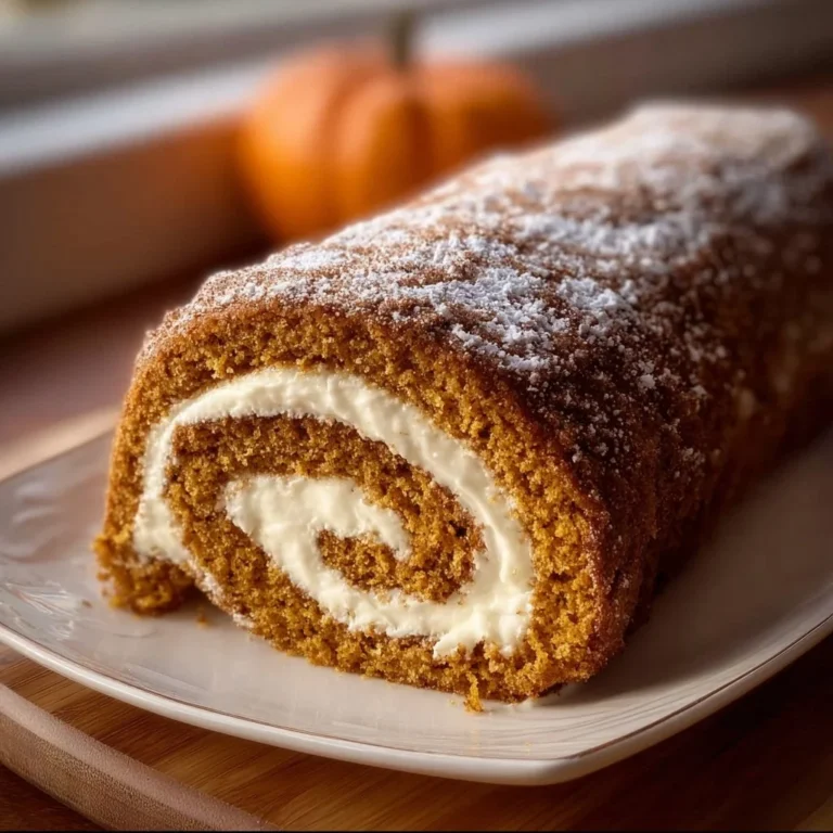 Delicious Fall Pumpkin Spice Roll Cake topped with creamy frosting and spices.