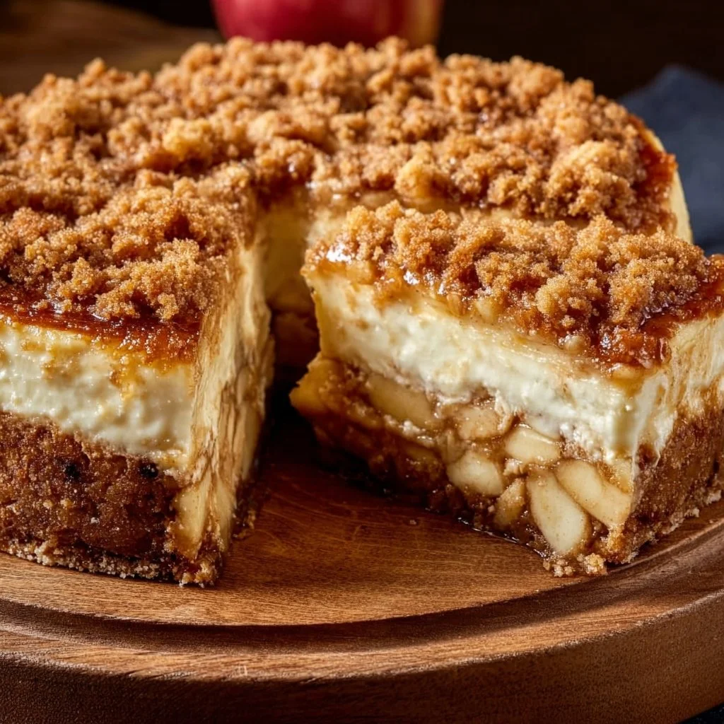 Delicious apple crumble cheesecake topped with crumble for a delightful dessert