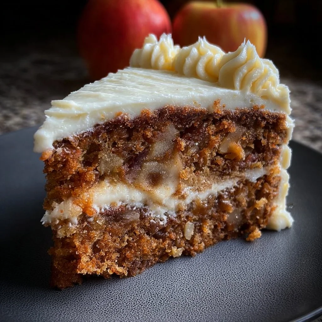 Delicious fresh apple cake with cream cheese frosting on a rustic wooden table