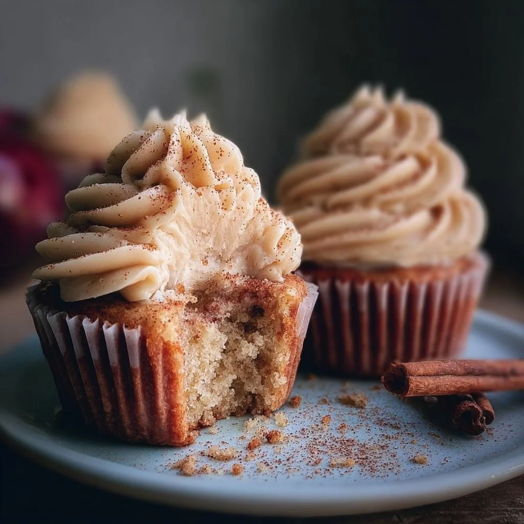 Moist apple cupcakes with cinnamon buttercream frosting in a decorative setting