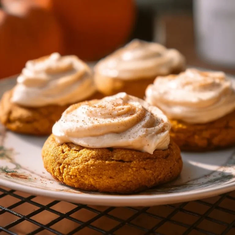 Delicious pumpkin cookies with cream cheese frosting on a plate