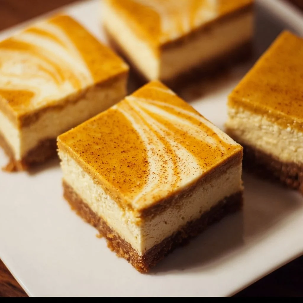 Delicious Pumpkin Spice Cheesecake Bars served on a decorative plate