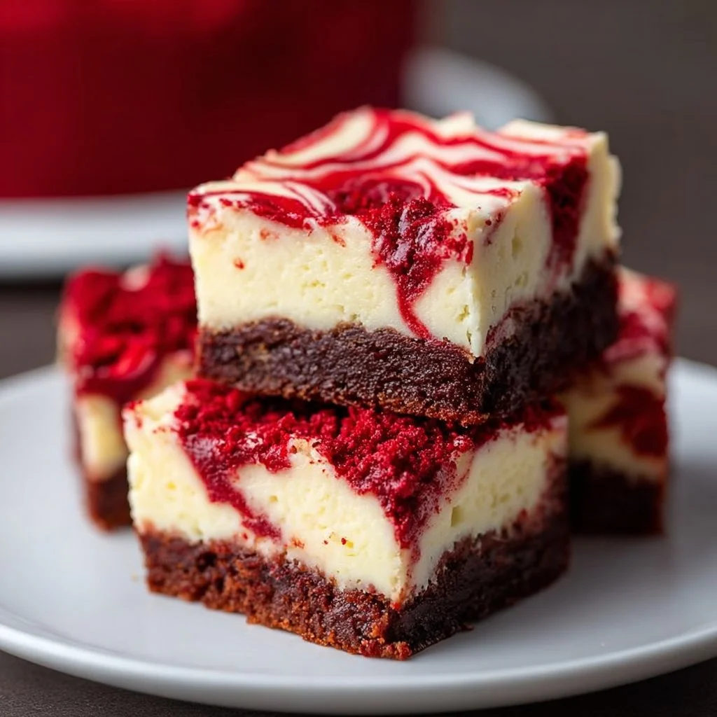 Red velvet cheesecake brownies topped with cream cheese frosting.