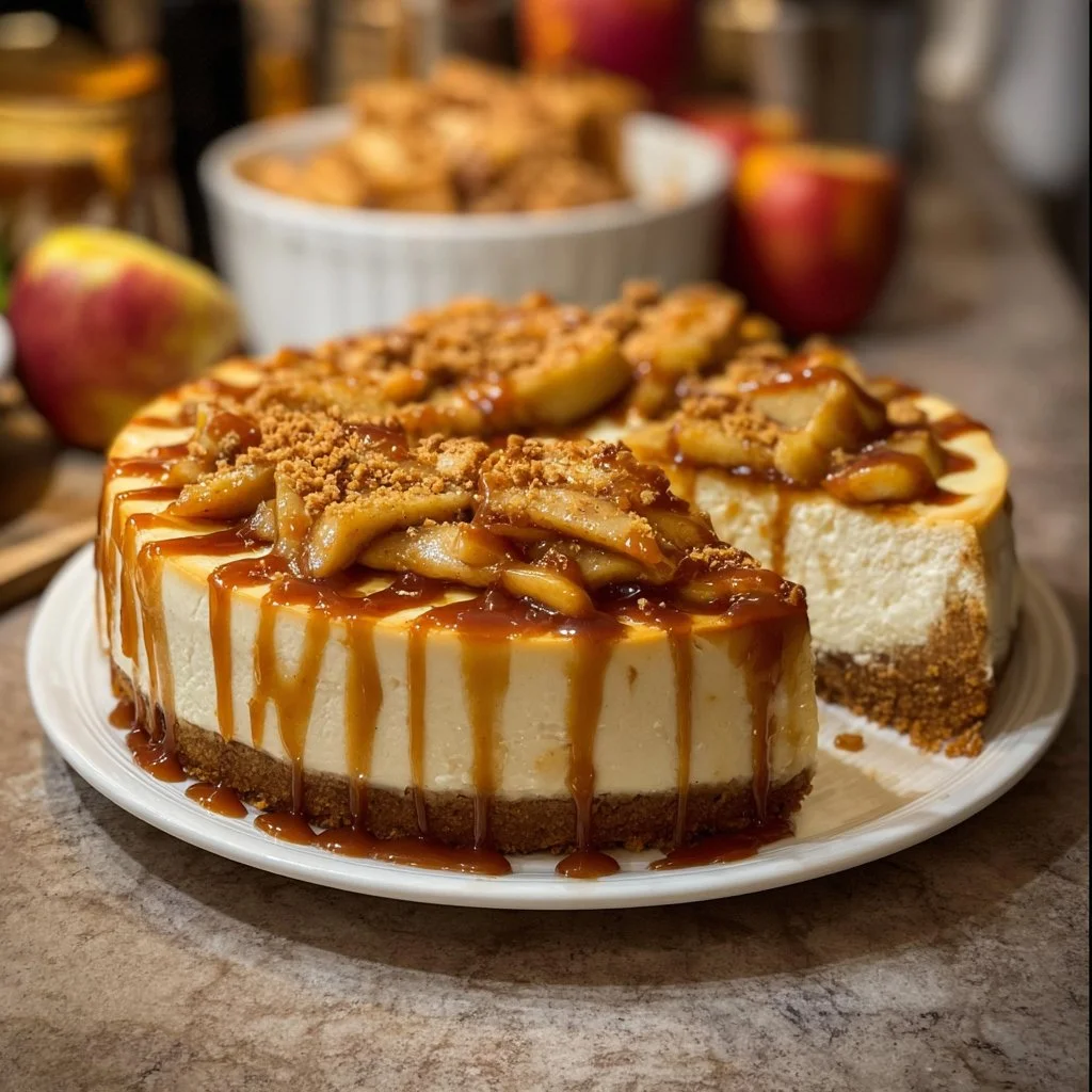 Salted Caramel Apple Pie Cheesecake topped with caramel drizzle and apple slices