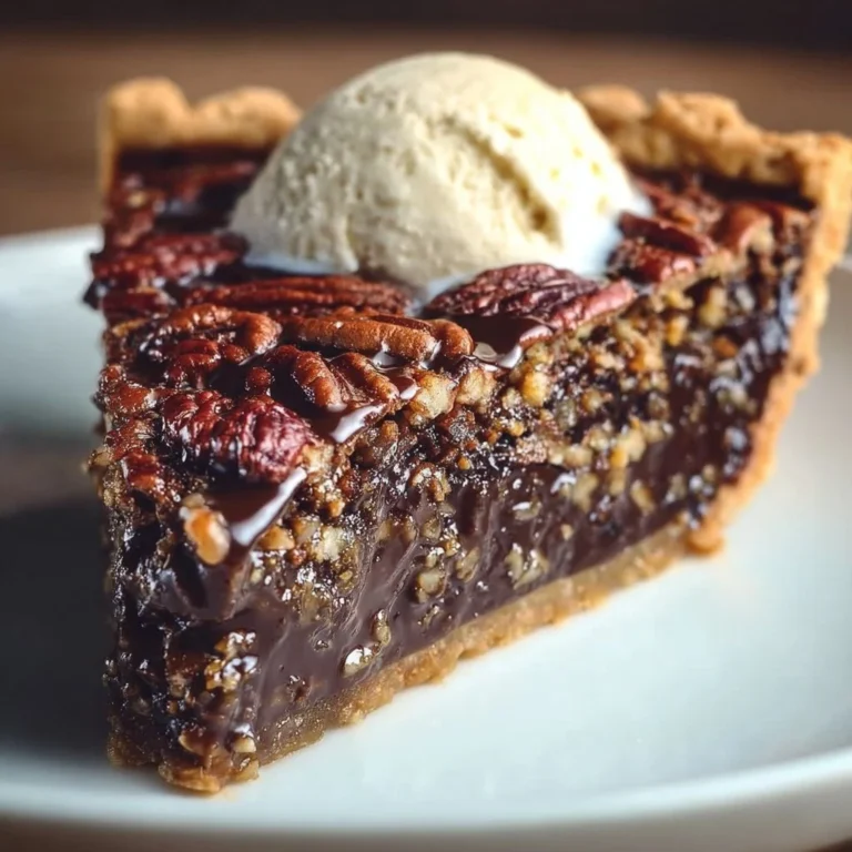 Slice of Texas Chocolate Pecan Pie with chocolate drizzle and pecans on top.