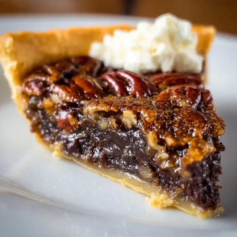 Delicious bourbon chocolate pecan pie slice on a plate