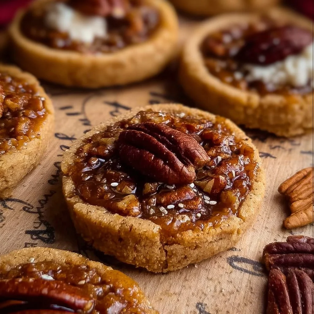 Vegan pecan pie cookies with a rich pecan topping and golden brown crust
