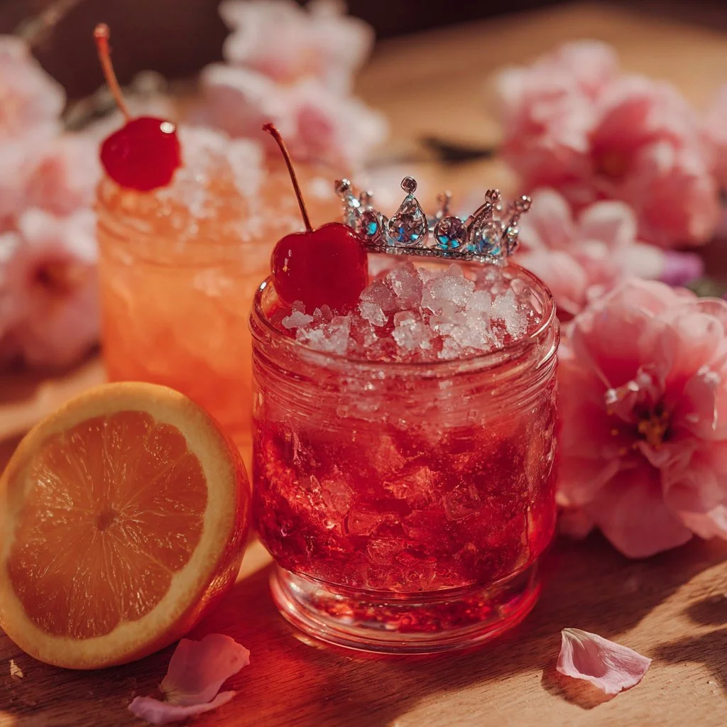 Variety of Disney Princess inspired cocktails in colorful glasses