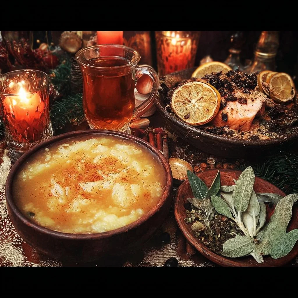 A festive Winter Solstice menu showcasing seasonal dishes and decorations.