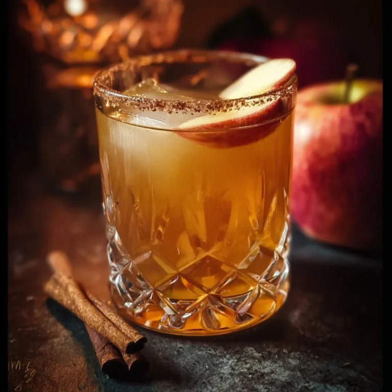 Glass of apple cider bourbon cocktail garnished with apple slices and cinnamon sticks.