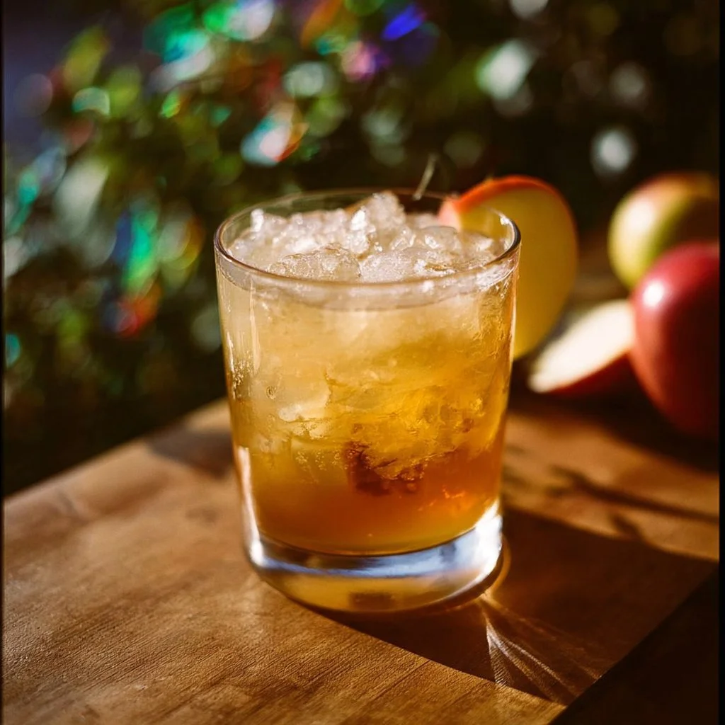 A delicious Apple Cider Bourbon Smash cocktail garnished with apple slices and cinnamon.