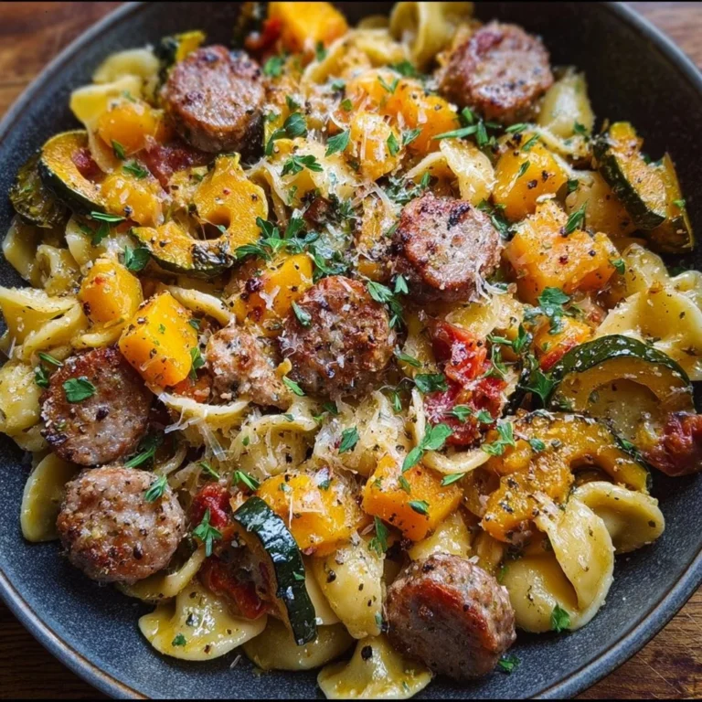 Autumn Sausage Pasta Squash dish served in a bowl, garnished with herbs.