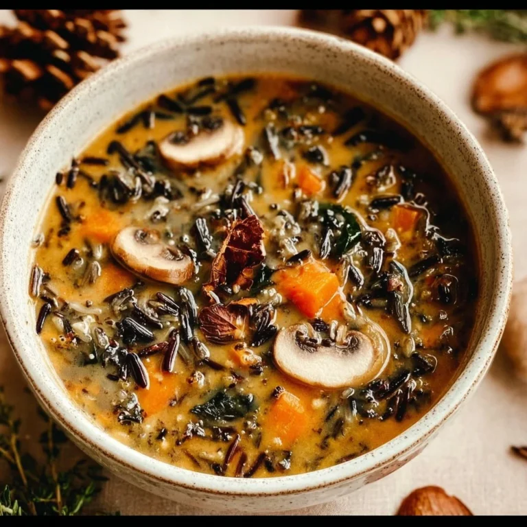 Bowl of autumn wild rice soup with vegetables and herbs.
