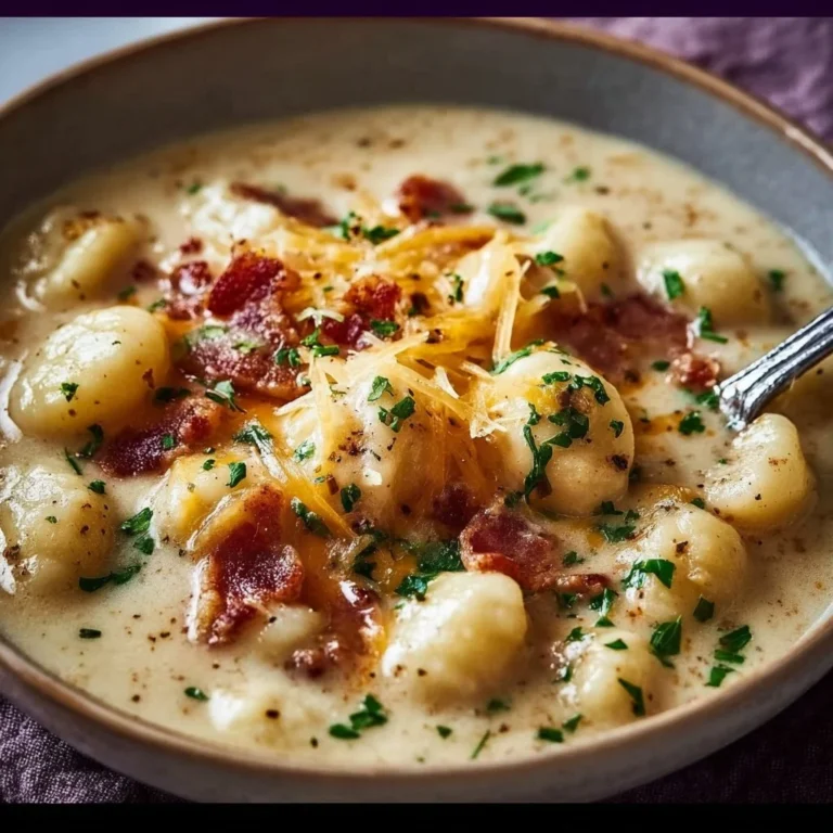 A bowl of rich and creamy bacon cheddar gnocchi soup topped with fresh herbs.