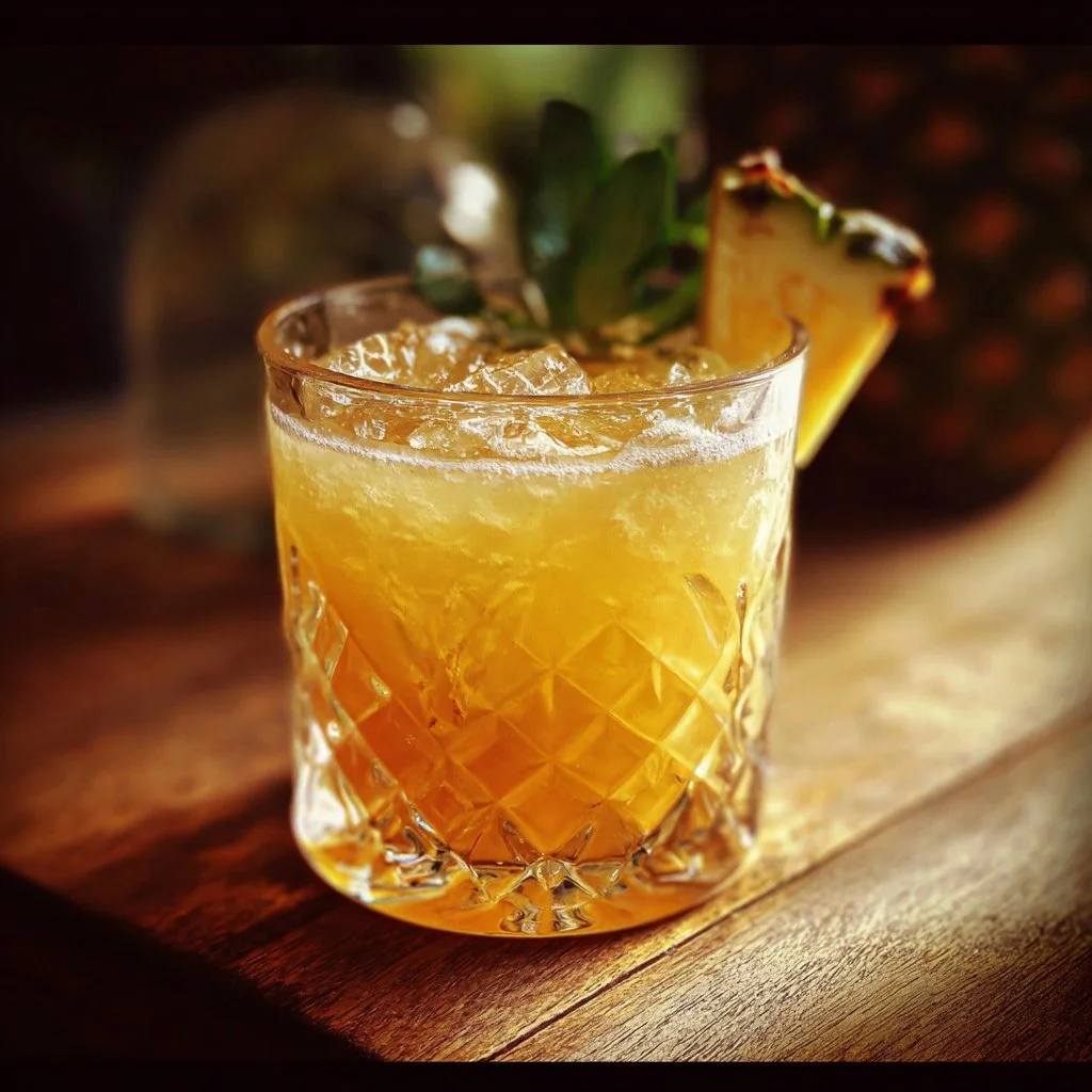 Bourbon Pineapple Smash cocktail with fresh pineapple and herbs