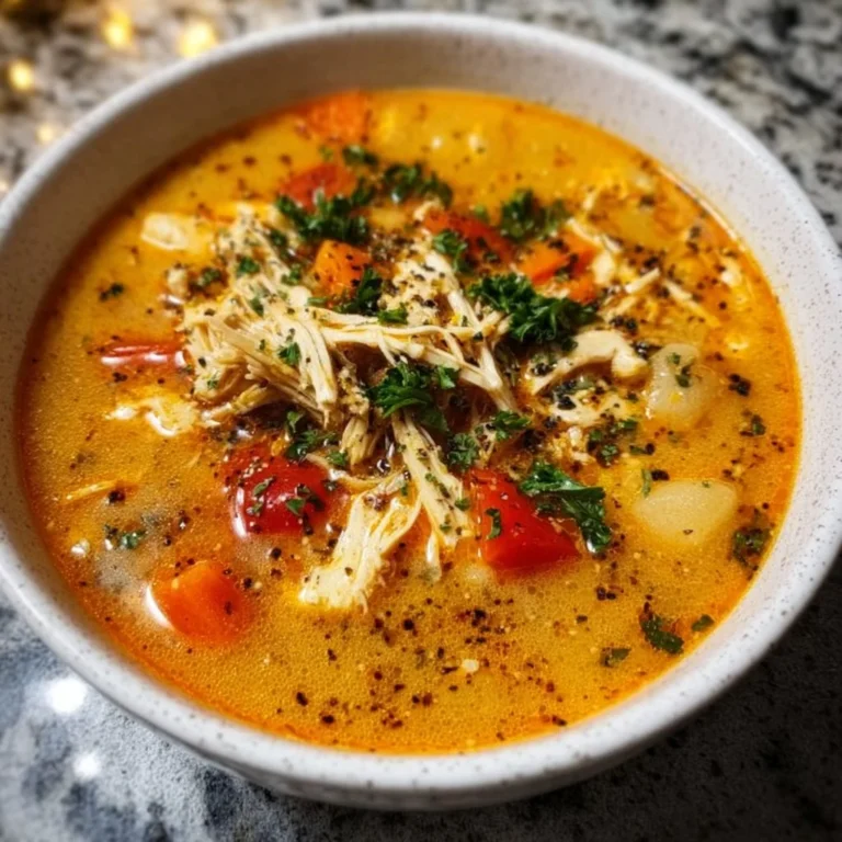 A bowl of spicy Cajun Chicken Soup garnished with fresh herbs and vegetables.