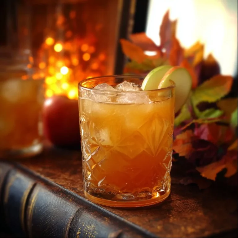 Caramel Apple Cider Bourbon Cocktail served in a glass with fall decorations