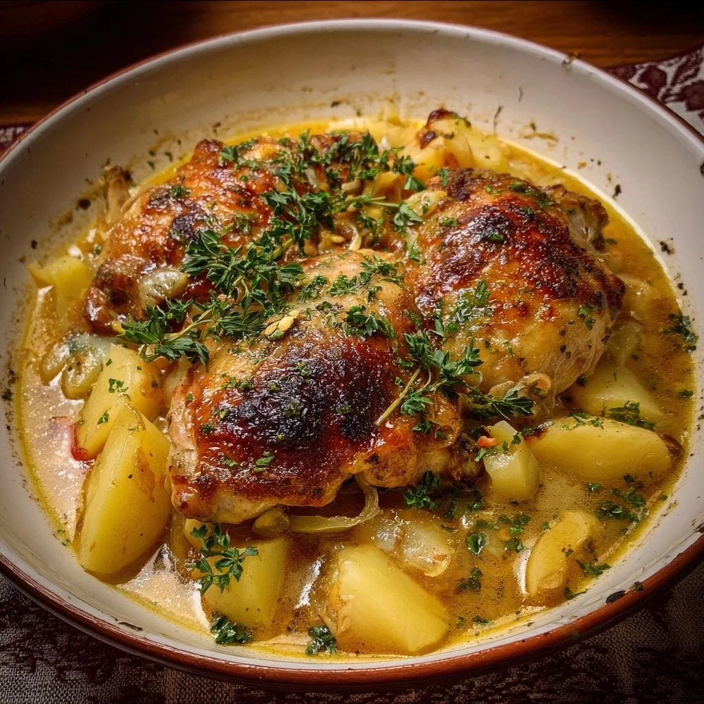 Plate of chicken Normandy with apples, cream, and herbs garnished beautifully.