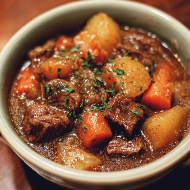 A bowl of comforting crockpot beef stew with vegetables and herbs.