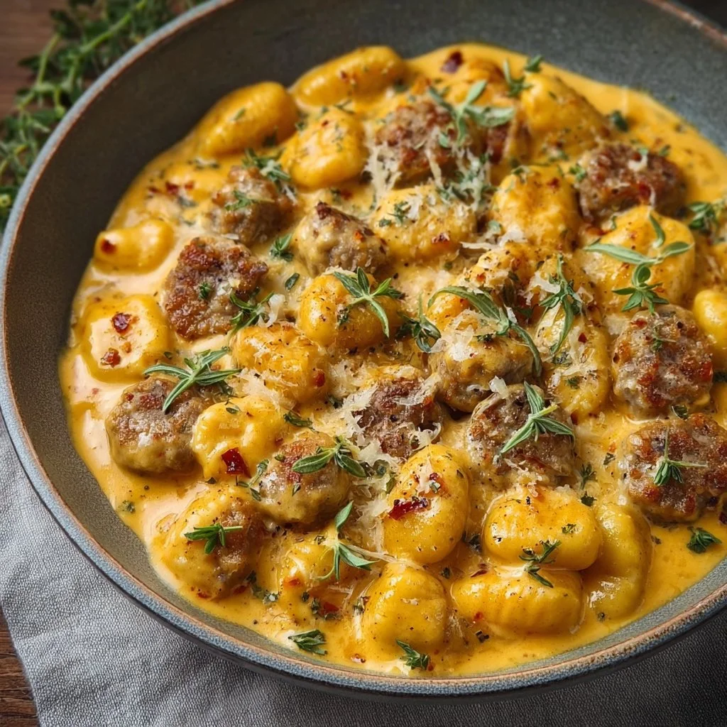Creamy butternut squash gnocchi with sausage served on a plate