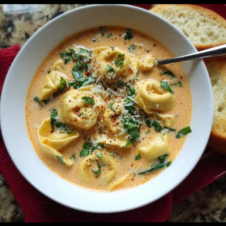 Bowl of creamy tortellini soup garnished with herbs and vegetables
