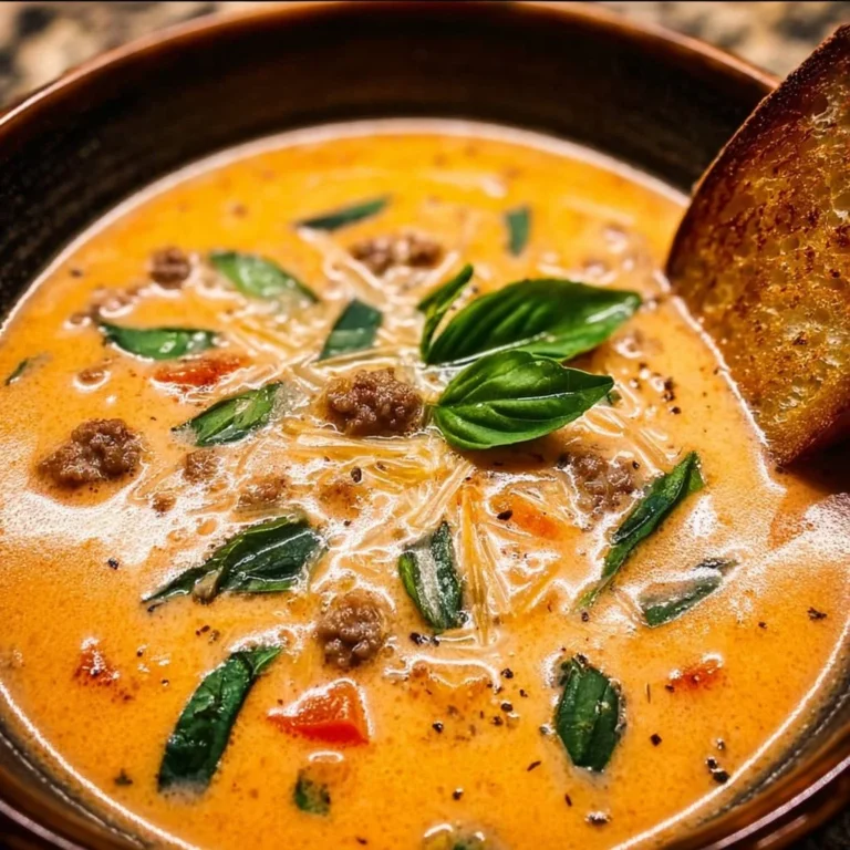 Bowl of creamy Tuscan soup topped with fresh herbs and vegetables