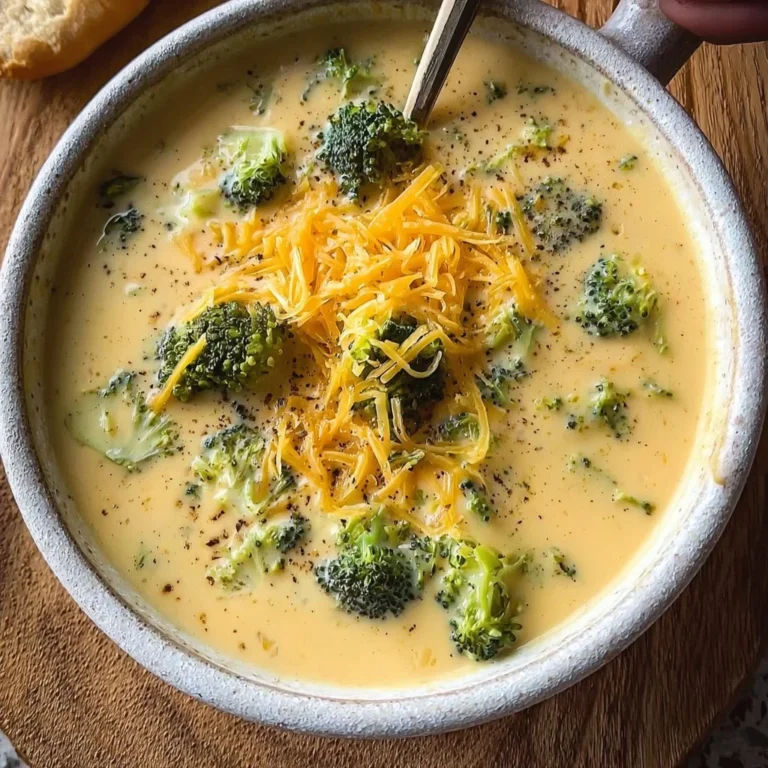 Bowl of easy broccoli cheddar soup with creamy texture and vibrant color