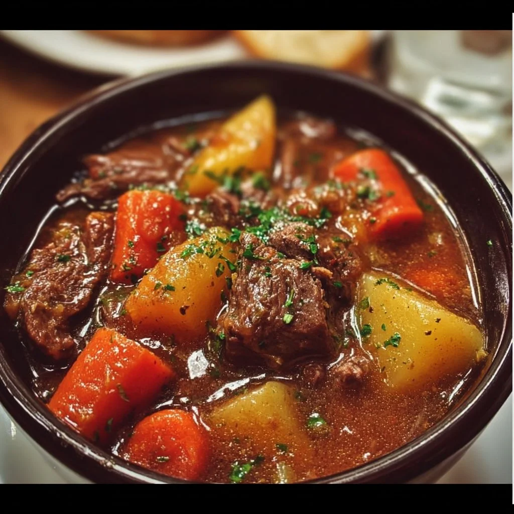 Delicious easy Crock Pot beef stew in a bowl with vegetables and herbs.