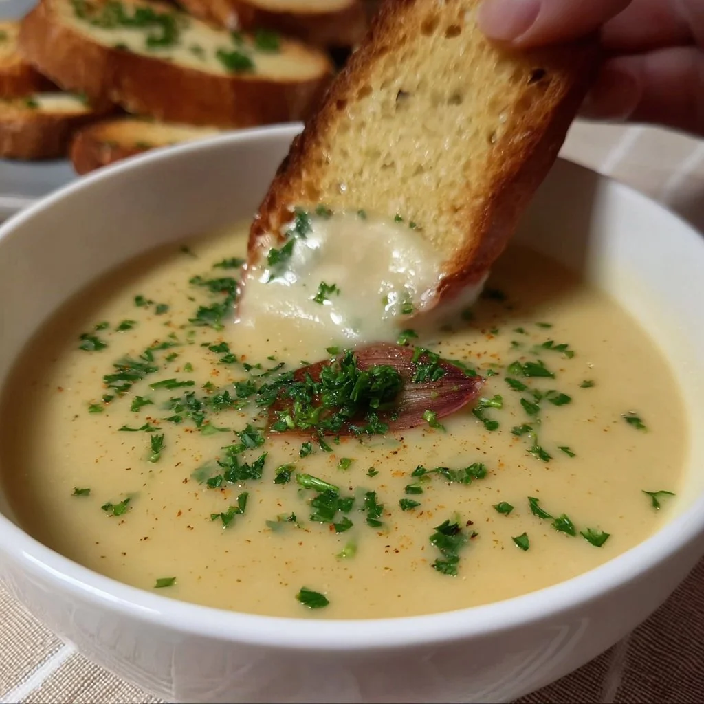 Bowl of homemade easy roasted garlic soup garnished with herbs