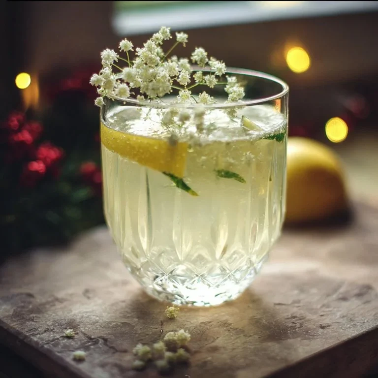 Elderflower Winter Gin cocktail garnished with herbs and served in a glass.