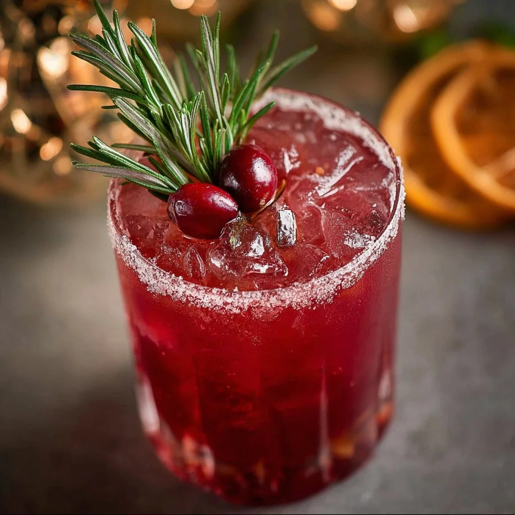 Festive cranberry rosemary cocktail garnished with fresh rosemary sprigs.