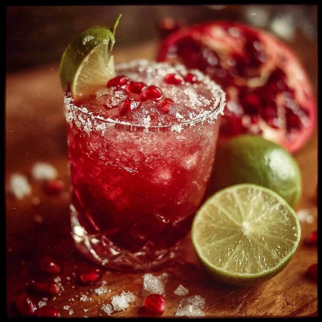 Festive Pomegranate Margarita in a glass with garnishes on a table