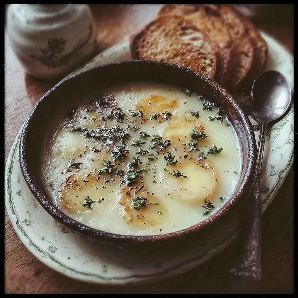 Bowl of traditional French Garlic Soup garnished with fresh herbs