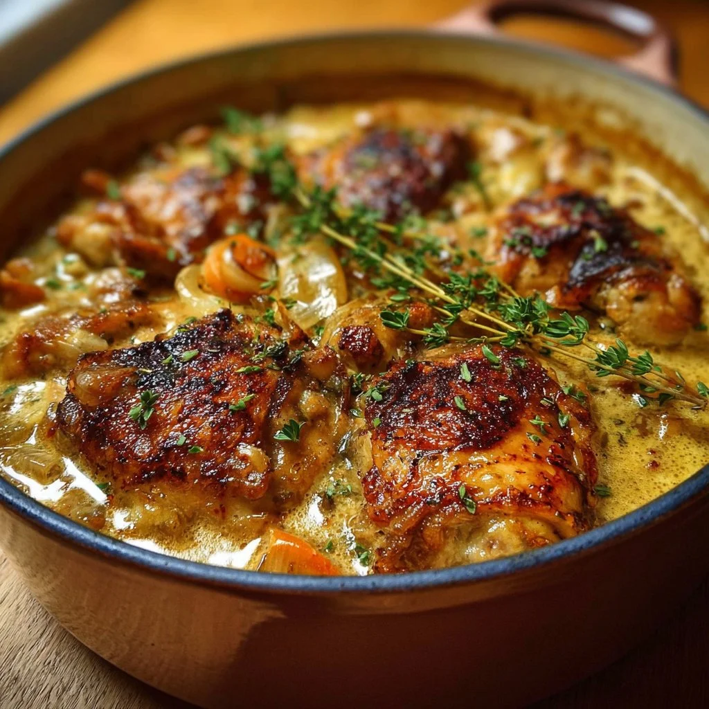 French Style Chicken Casserole in the Norman Way, showcasing tender chicken and rich flavors.