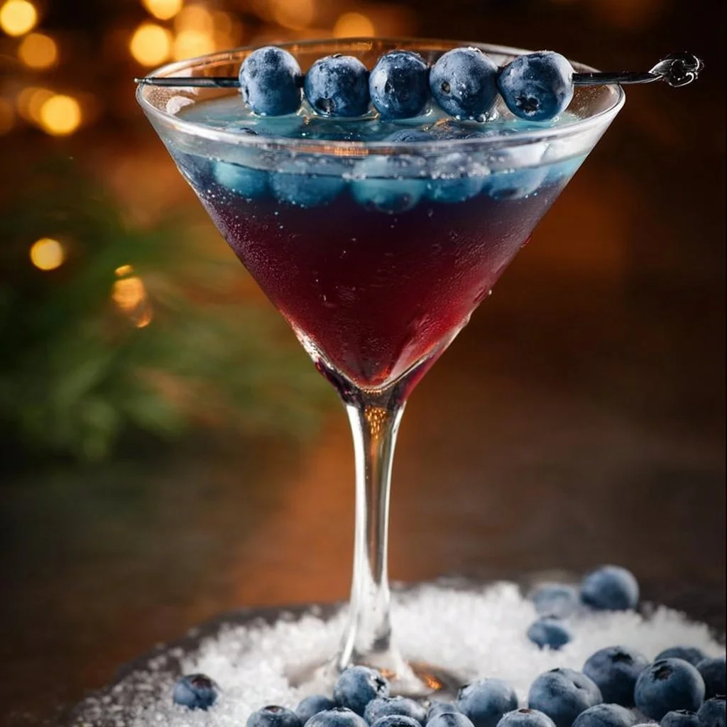 Frostbite Blueberry Martini cocktail with fresh blueberries and ice garnish