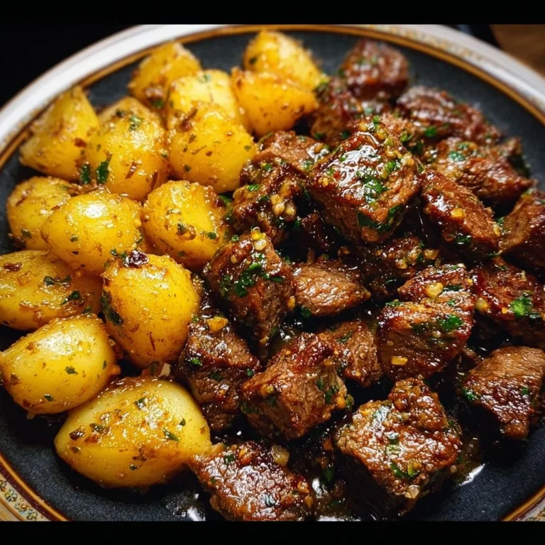 Delicious Garlic Butter Beef Bites served with potatoes