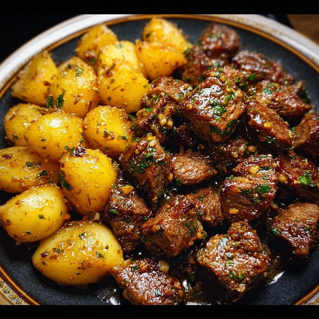 Delicious Garlic Butter Beef Bites served with potatoes
