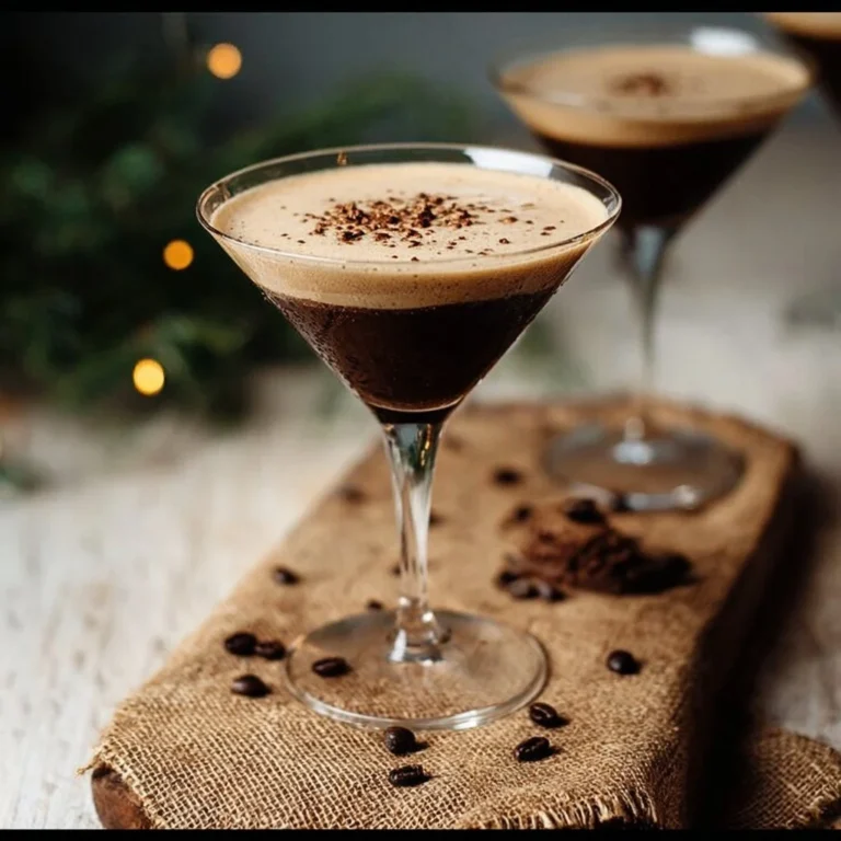 Gingerbread Espresso Martini cocktail garnished with festive decorations